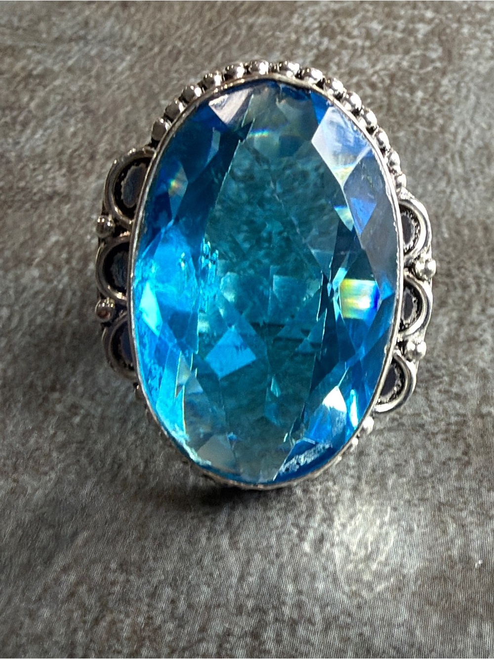Vintage Style Blue Crystal Statement Ring Size 8 Women Jewelry Silver 925 Plated
